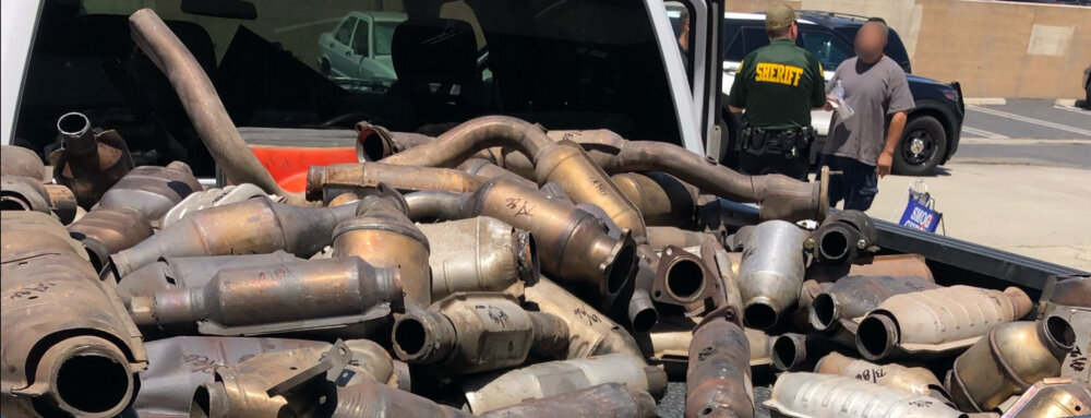 confiscated stolen catalytic converter at the back of a pick up car.